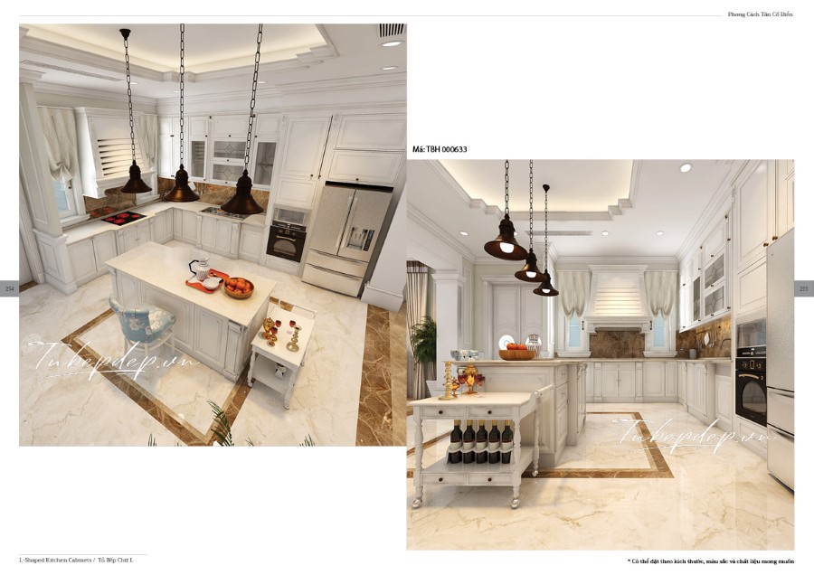 Thiết kế phòng bếp biệt thự tân cổ điển màu trắng